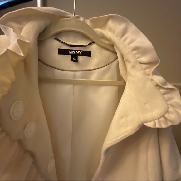 DKNY Wool Blend Ruffled Cream Overcoat - Picture 2 of 7